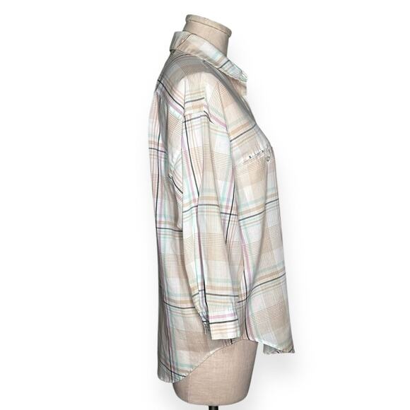 Vintage DIANE VON FURSTENBERG Button Up Blouse Top 3/4 Sleeve Plaid Pink Green S - Picture 2 of 10